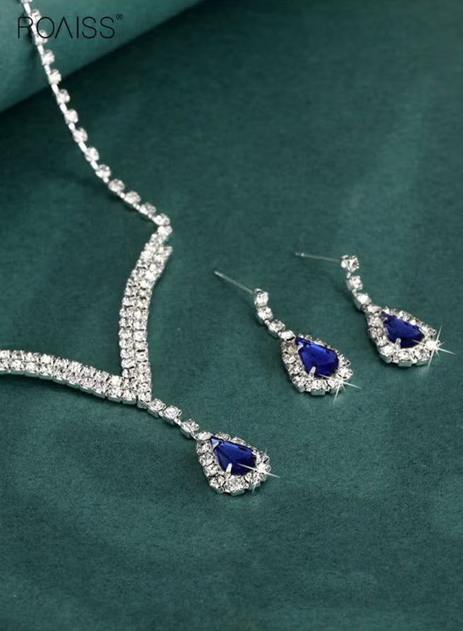 roaiss Women's Two-Piece Bride Jewelry Set Full Diamond V-Neck Teardrop Pendant Necklace and Matching Earrings Elegant Design Perfect for Weddings, Formal Events and Special Occasions Blue - Image 5